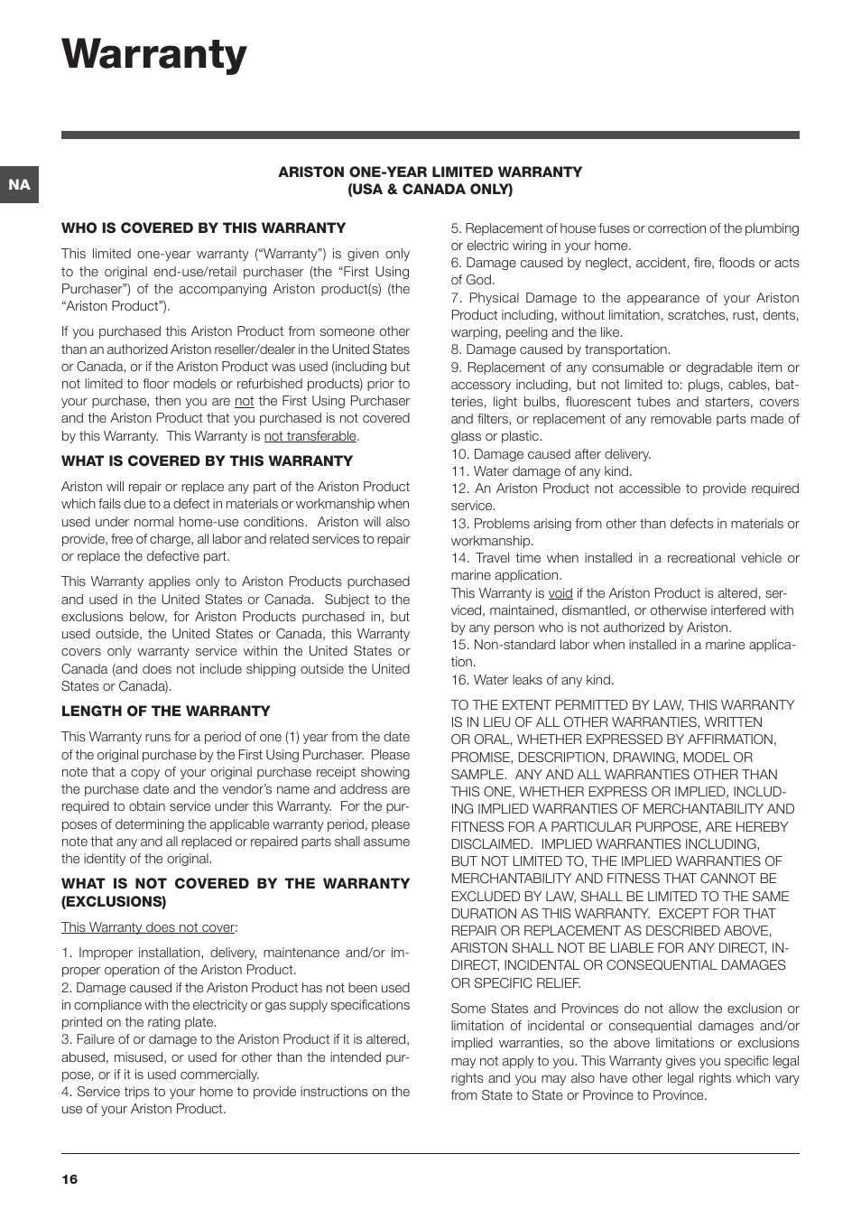 Warranty | Ariston ARXL 129 W SP User Manual | Page 16 / 18