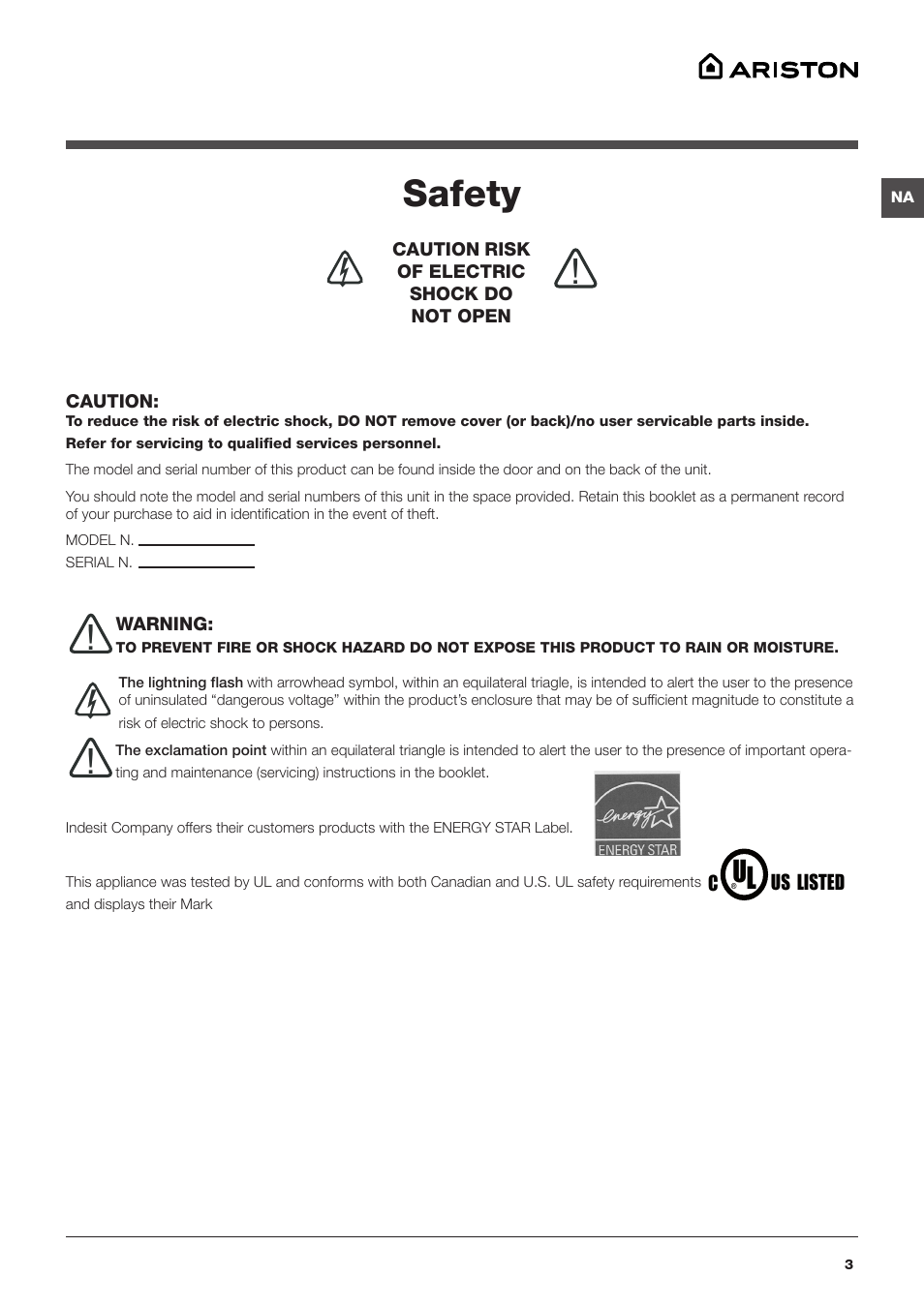 Safety | Ariston ARXL 129 W SP User Manual | Page 3 / 18