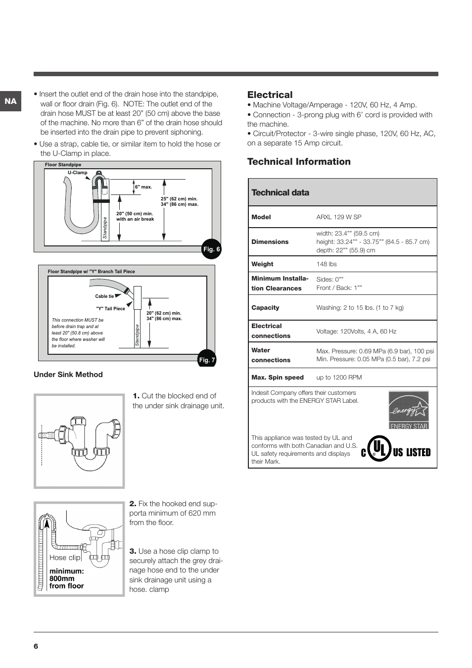 Us listed, Electrical, Technical information | Technical data | Ariston ARXL 129 W SP User Manual | Page 6 / 18