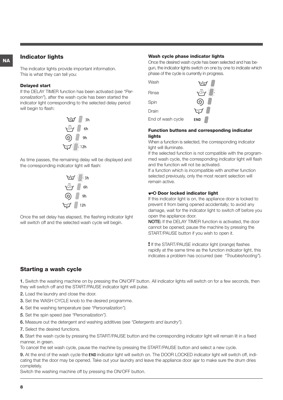 Indicator lights, Starting a wash cycle | Ariston ARXL 129 W SP User Manual | Page 8 / 18