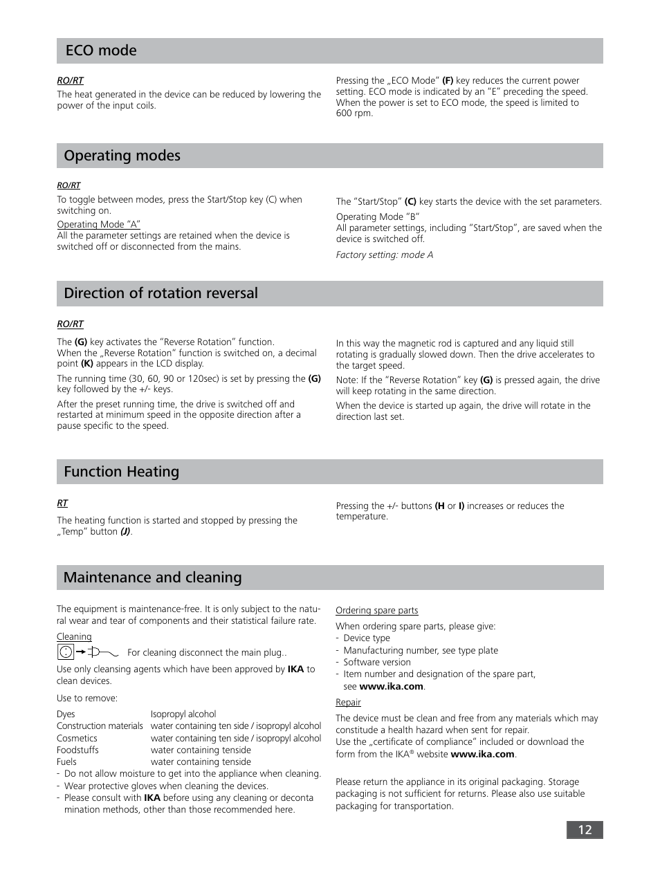 Function heating eco mode, Direction of rotation reversal, Operating modes | Maintenance and cleaning | IKA RO 15 User Manual | Page 12 / 40