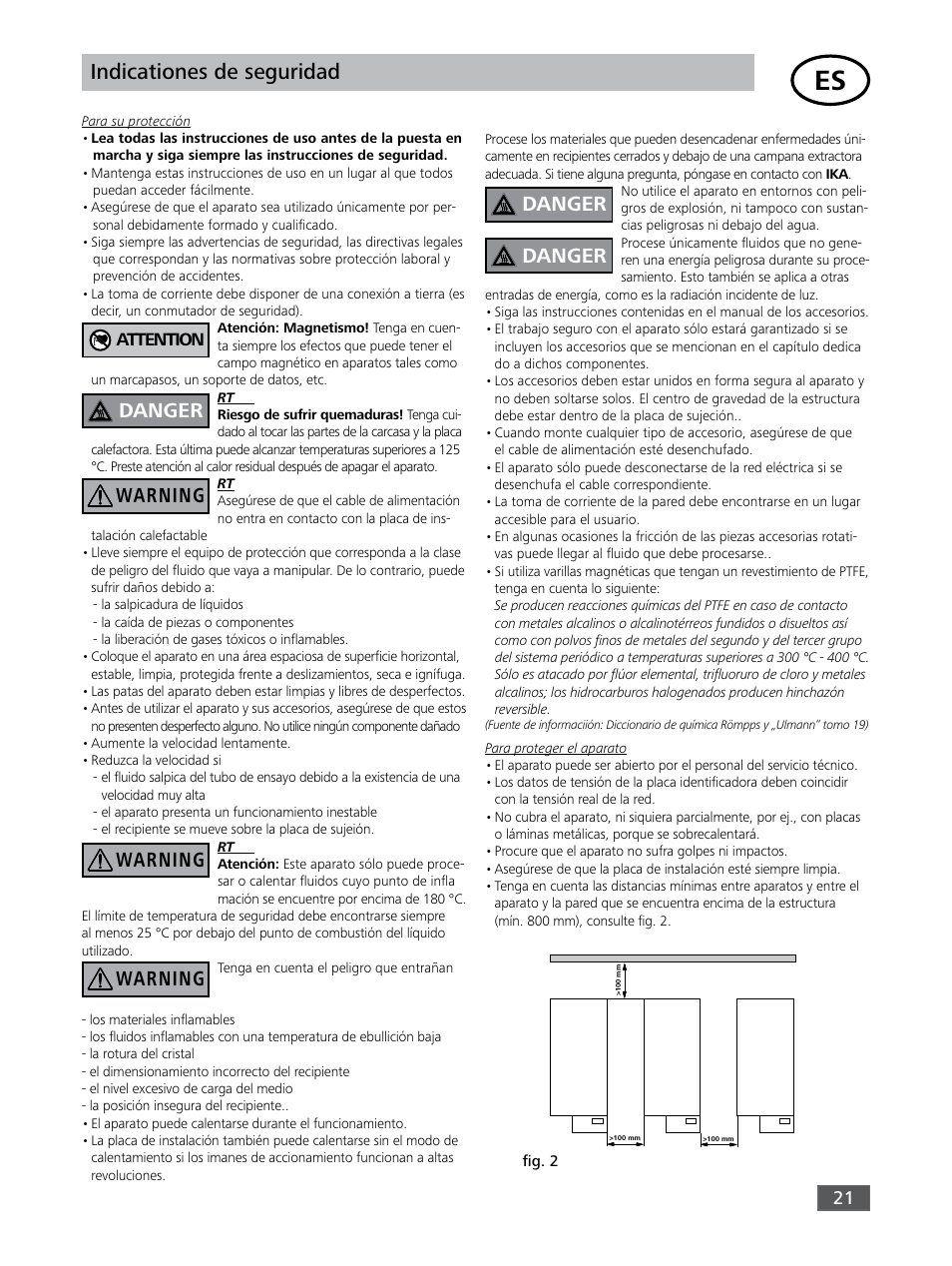 Indicationes de seguridad, Danger warning warning warning danger danger | IKA RO 15 User Manual | Page 21 / 40