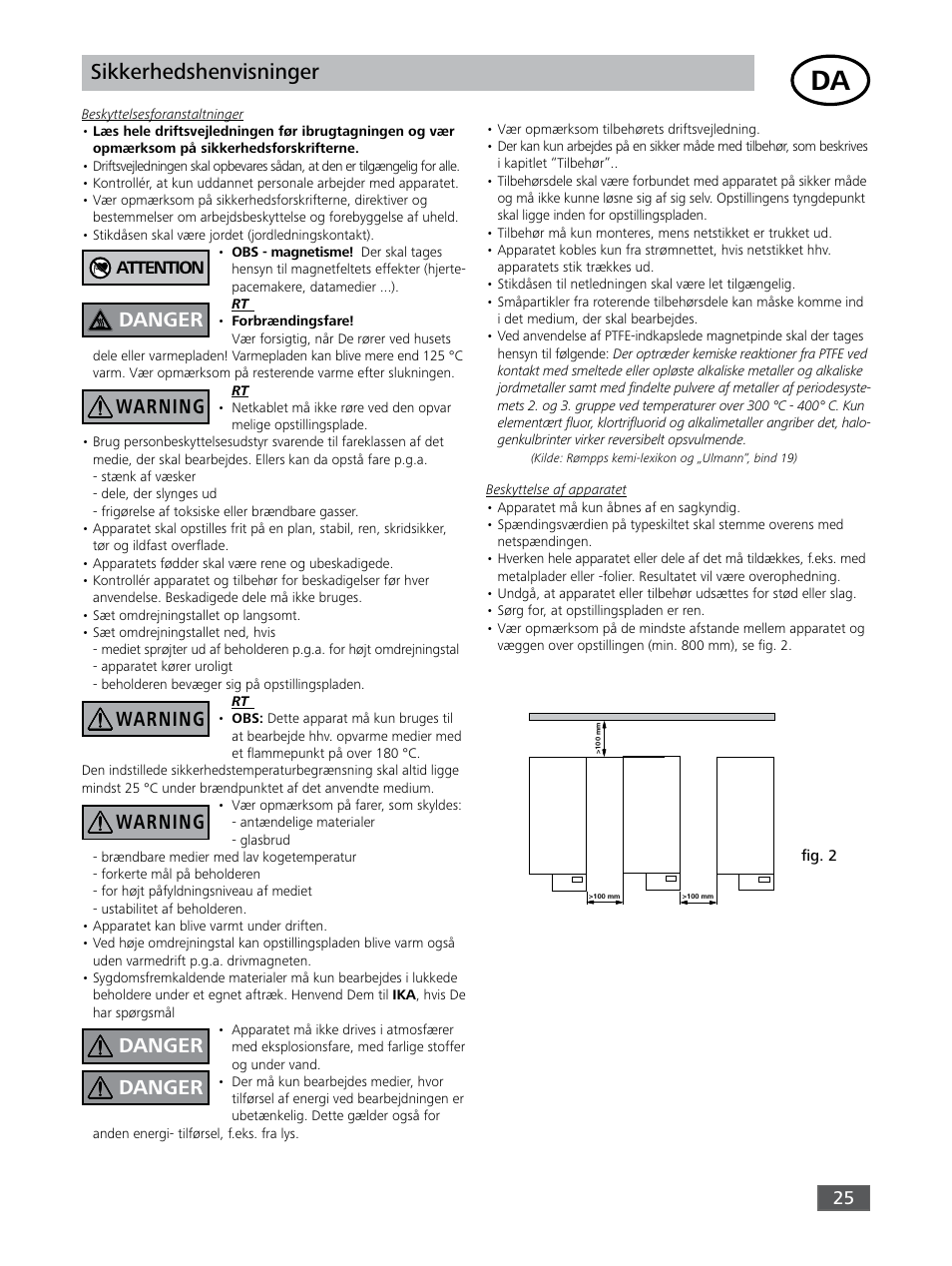 Sikkerhedshenvisninger, Danger warning warning warning danger danger | IKA RO 15 User Manual | Page 25 / 40