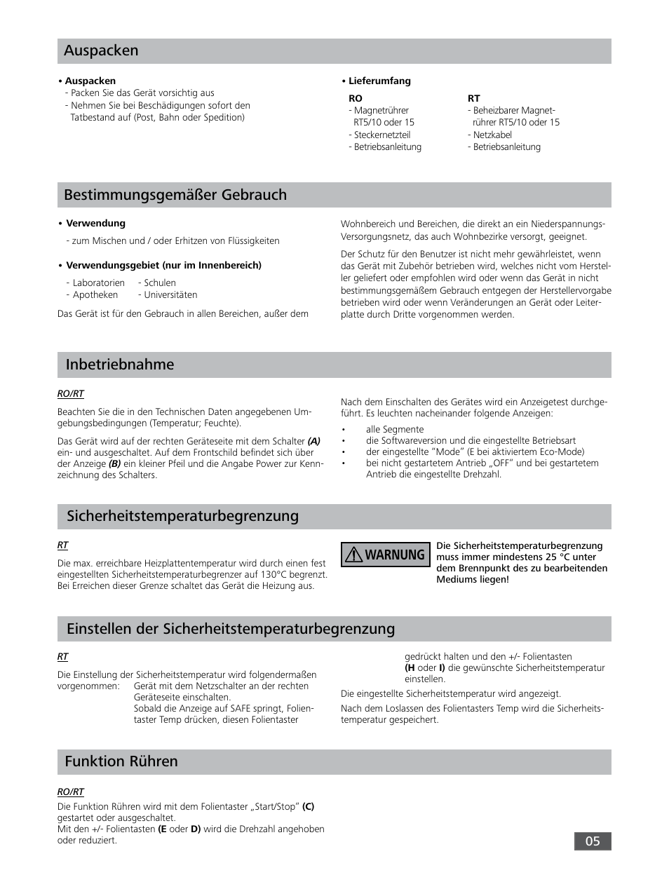 Auspacken, Bestimmungsgemäßer gebrauch, Inbetriebnahme | Sicherheitstemperaturbegrenzung, Einstellen der sicherheitstemperaturbegrenzung, Funktion rühren, Warnung | IKA RO 15 User Manual | Page 5 / 40