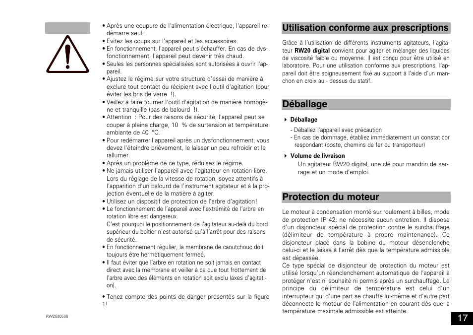 Déballage protection du moteur, Utilisation conforme aux prescriptions | IKA RW 20 digital User Manual | Page 17 / 28