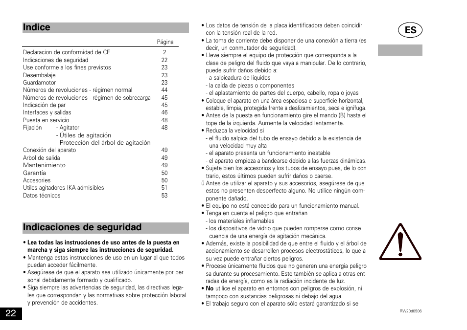 Indice indicaciones de seguridad es | IKA RW 20 digital User Manual | Page 22 / 28