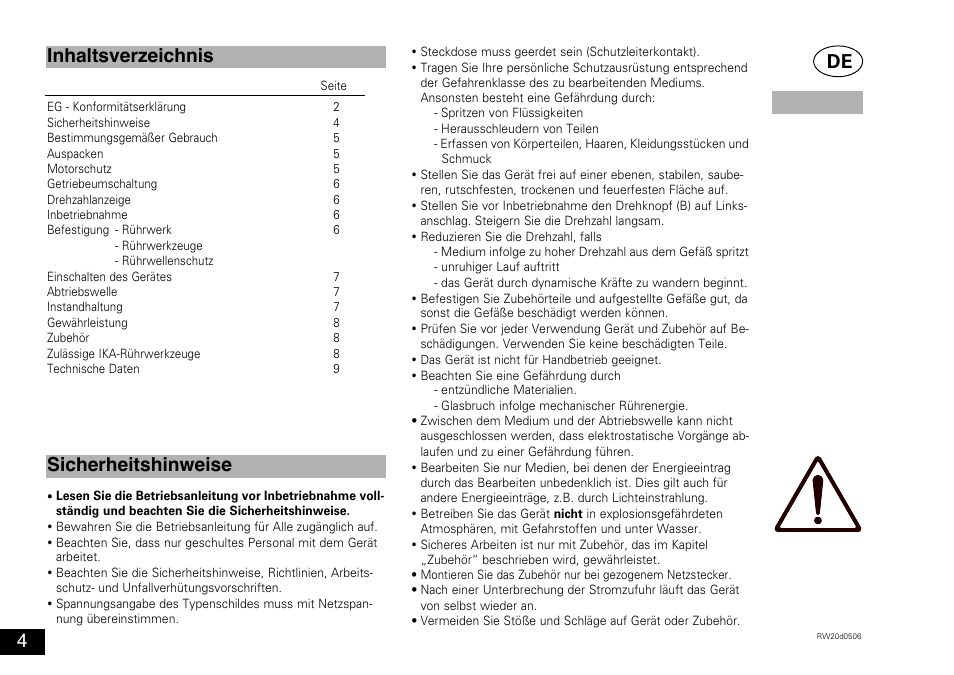 Inhaltsverzeichnis sicherheitshinweise | IKA RW 20 digital User Manual | Page 4 / 28