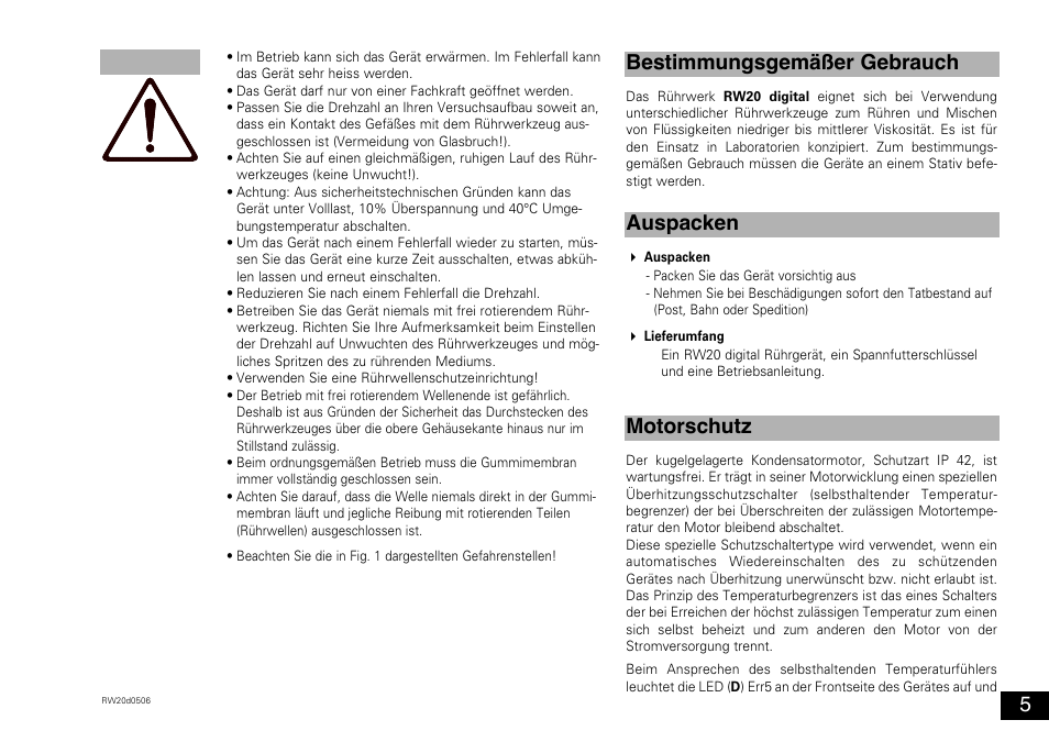 Auspacken motorschutz, Bestimmungsgemäßer gebrauch | IKA RW 20 digital User Manual | Page 5 / 28