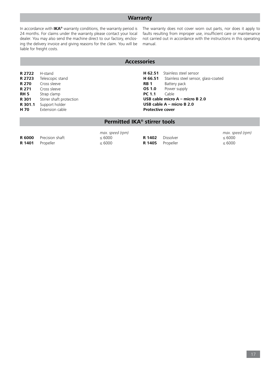 Warranty, Accessories, Permitted ika | Stirrer tools | IKA EUROSTAR 20 high speed control User Manual | Page 17 / 19
