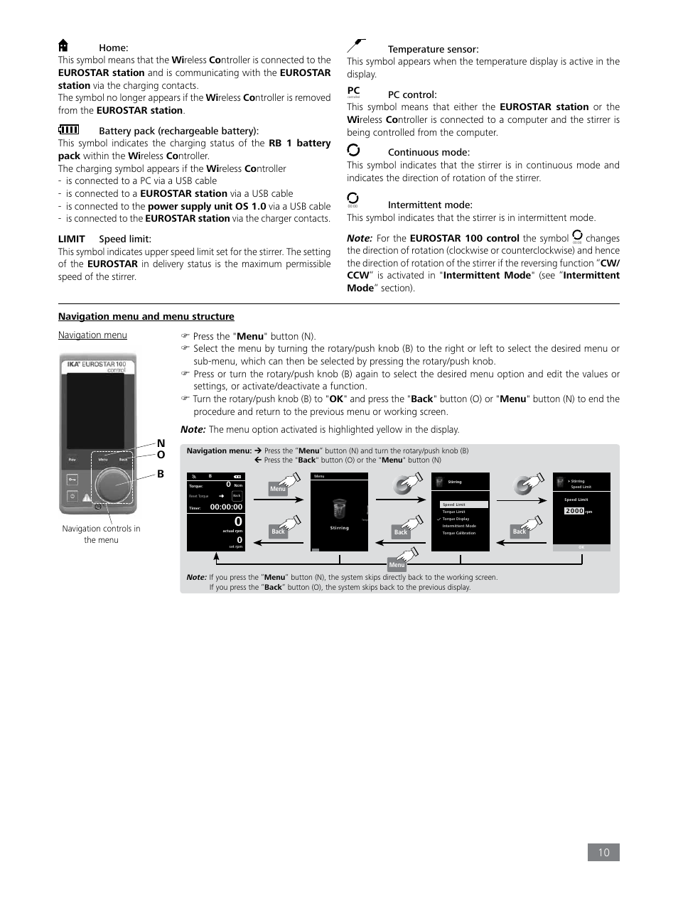 Bn o, Navigation menu and menu structure navigation menu | IKA EUROSTAR 100 control User Manual | Page 10 / 18