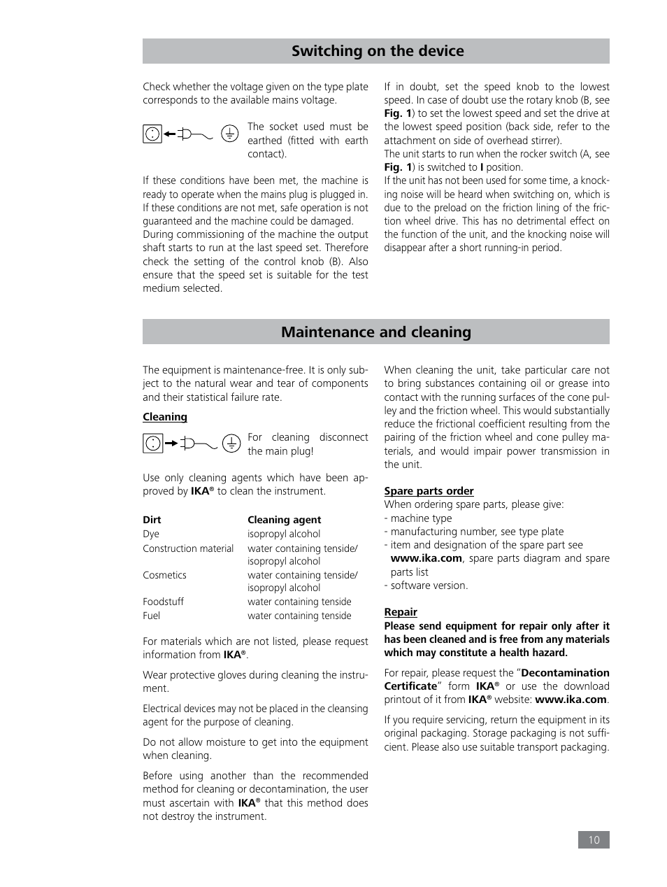 Maintenance and cleaning, Switching on the device | IKA RW 28 digital User Manual | Page 10 / 13