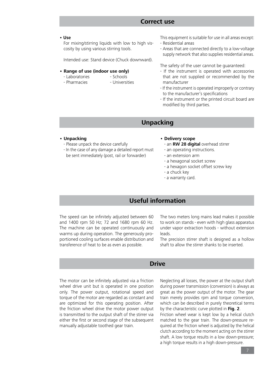 Drive, Correct use, Unpacking | Useful information | IKA RW 28 digital User Manual | Page 7 / 13