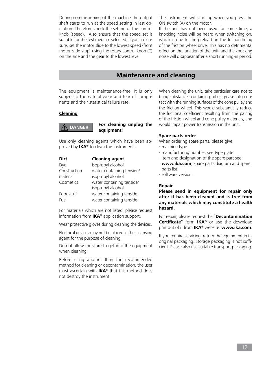 Maintenance and cleaning | IKA RW 47 digital User Manual | Page 12 / 17