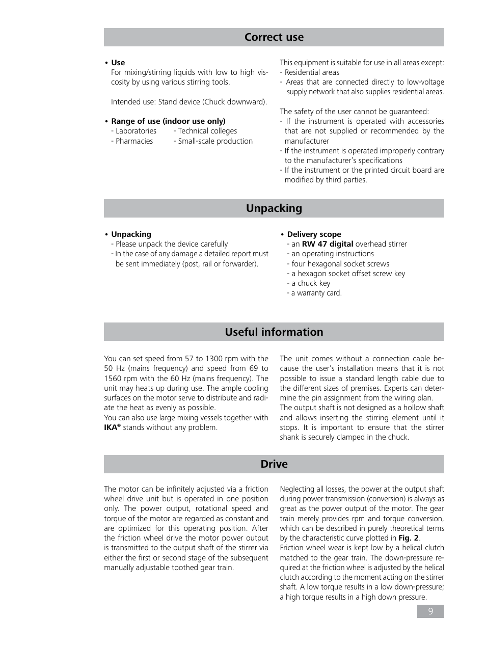 Correct use, Unpacking, Useful information | Drive | IKA RW 47 digital User Manual | Page 9 / 17