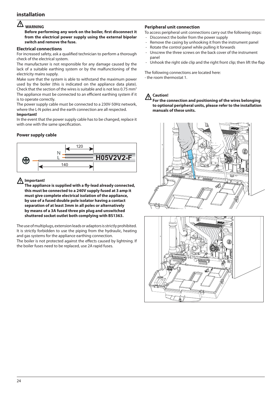 H05v2v2-f, Installation | Ariston E-COMBI 24 30 38 User Manual | Page 24 / 56
