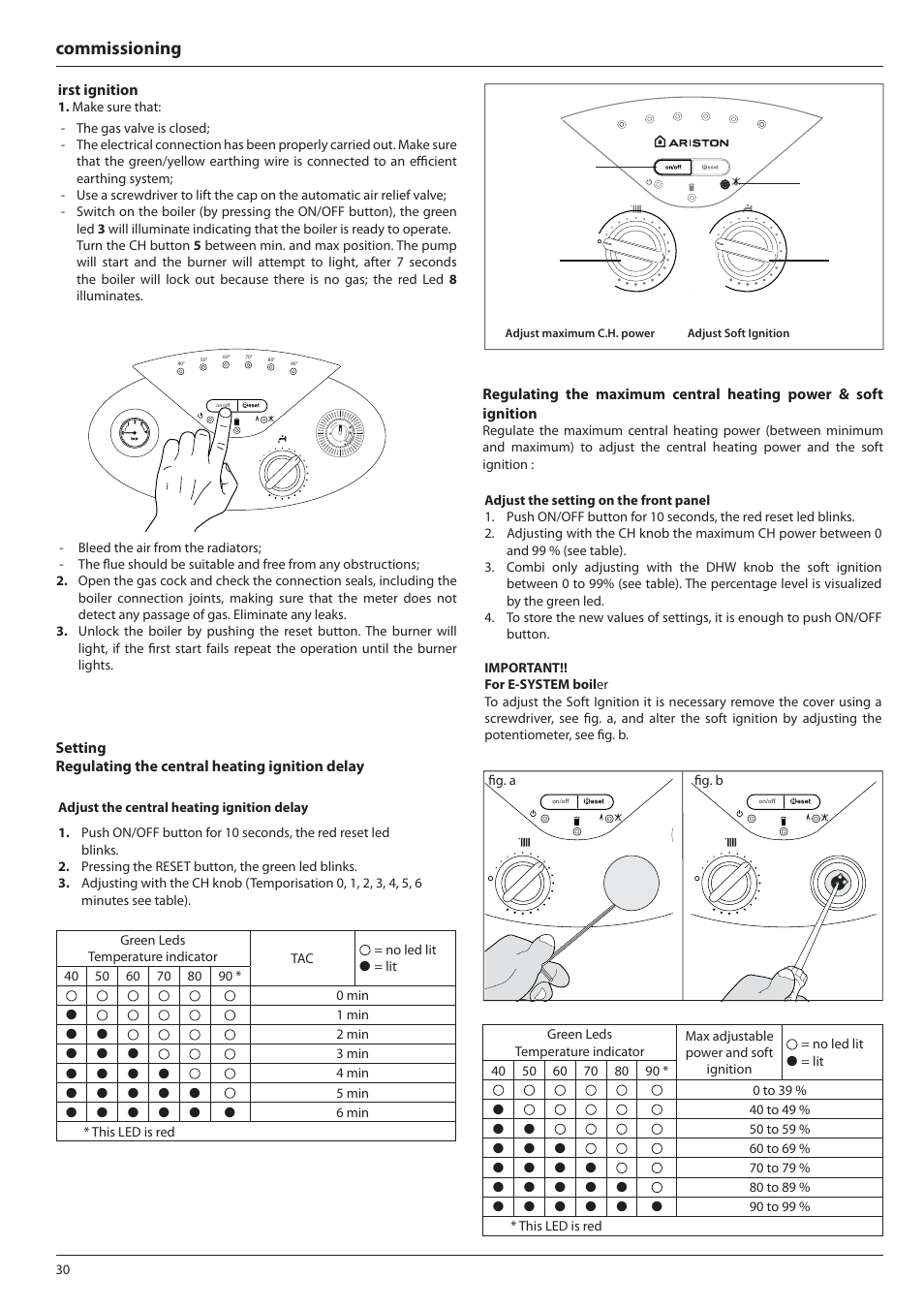 Commissioning, Irst ignition | Ariston E-COMBI 24 30 38 User Manual | Page 30 / 56
