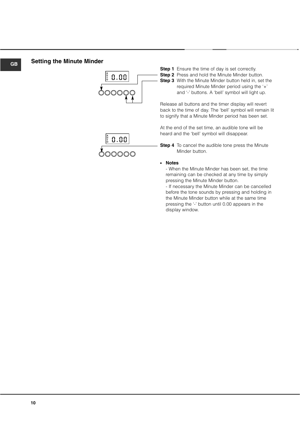 Setting the minute minder | Ariston DB62 User Manual | Page 10 / 32