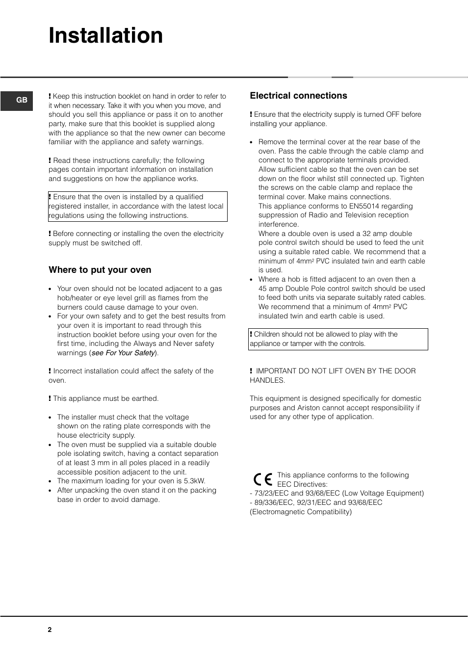 Installation, Where to put your oven, Electrical connections | Ariston DB62 User Manual | Page 2 / 32