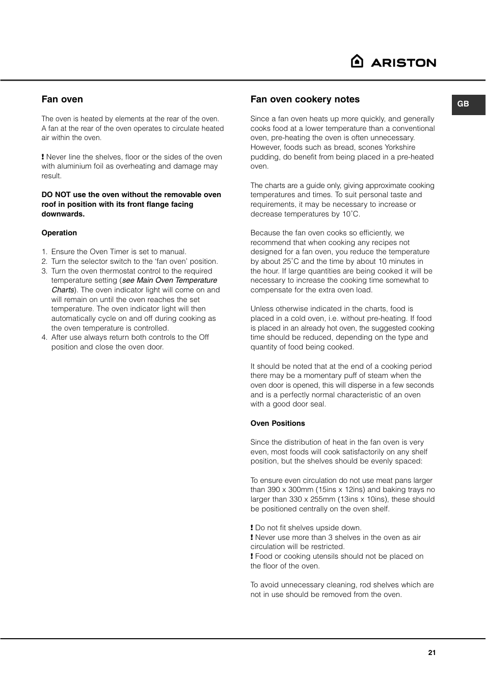 Fan oven | Ariston DB62 User Manual | Page 21 / 32