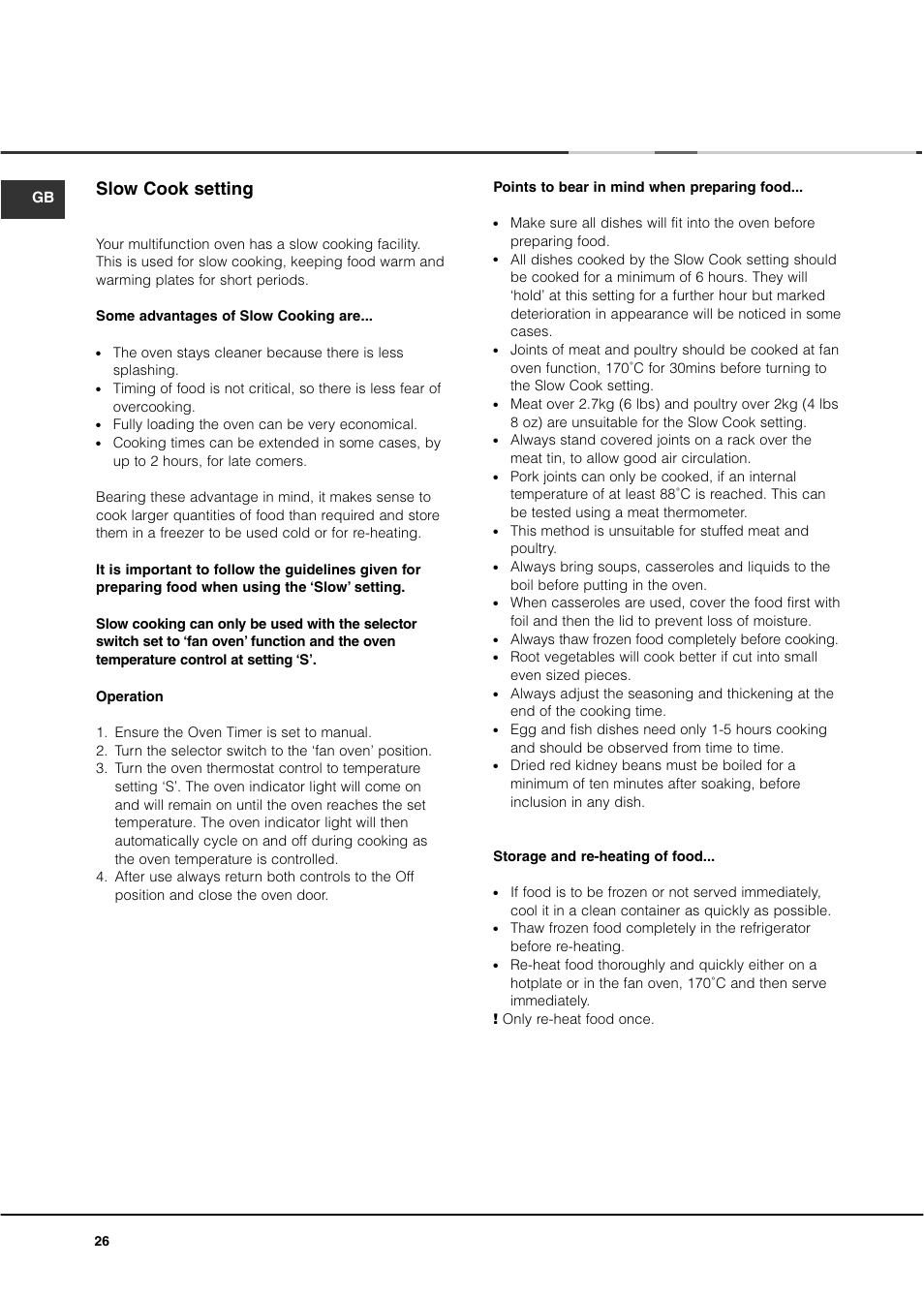 Slow cook setting | Ariston DB62 User Manual | Page 26 / 32