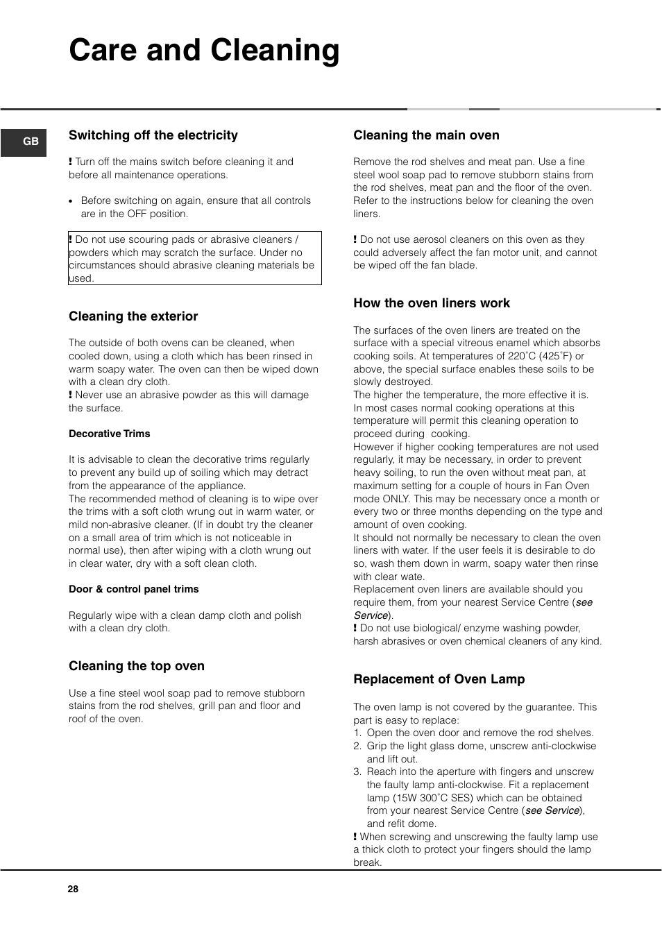 Care and cleaning | Ariston DB62 User Manual | Page 28 / 32