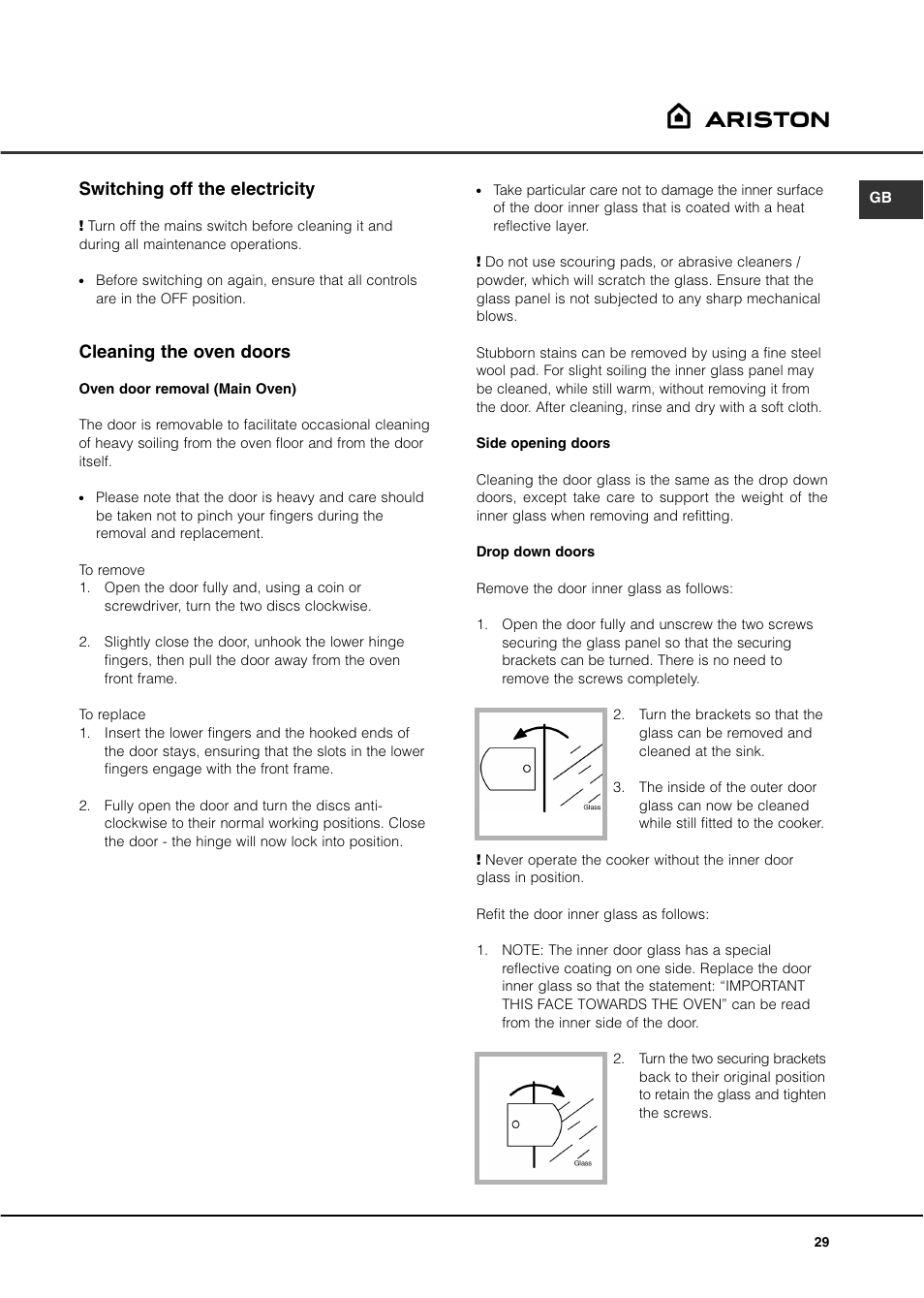 Switching off the electricity, Cleaning the oven doors | Ariston DB62 User Manual | Page 29 / 32
