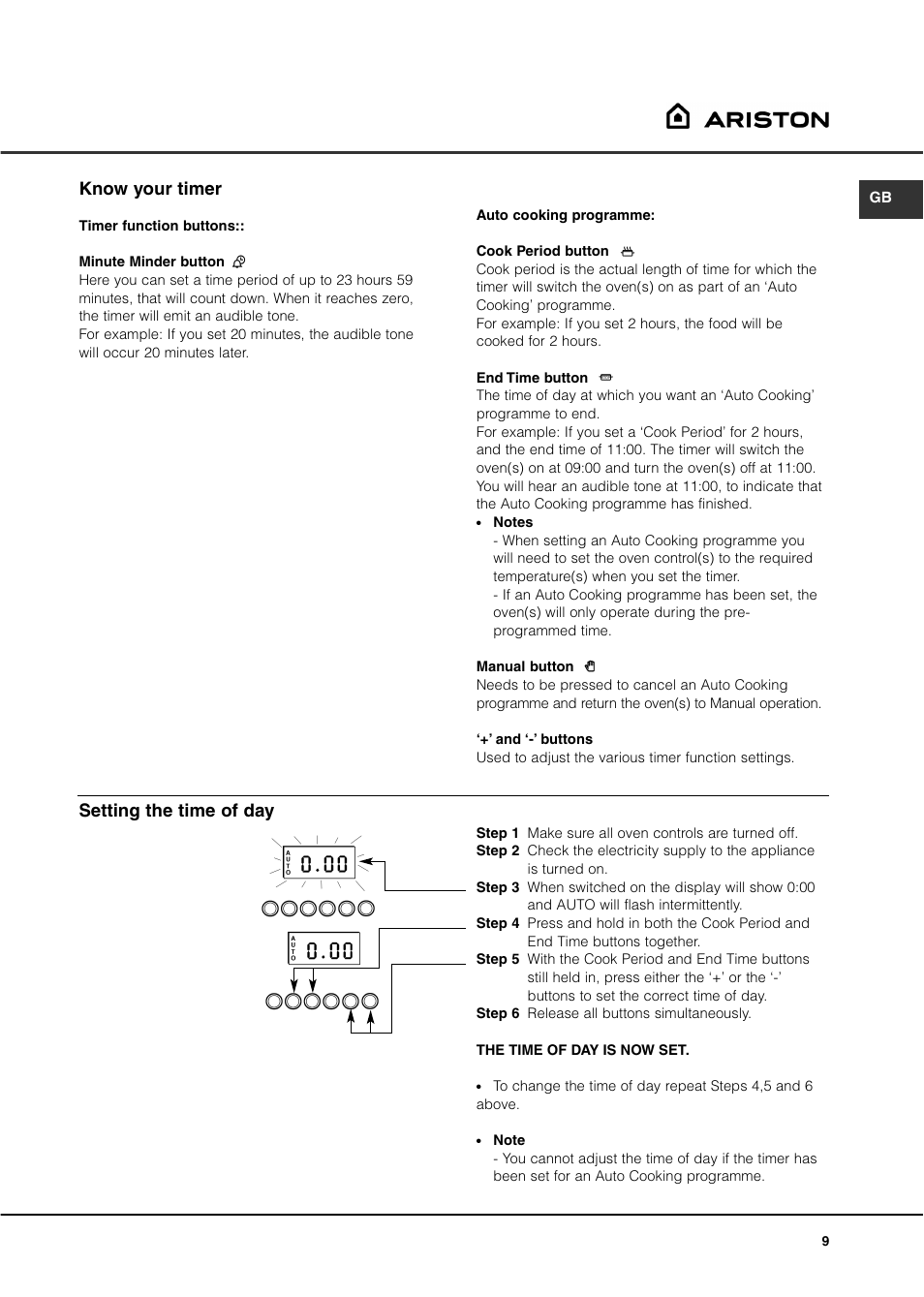 Know your timer, Setting the time of day | Ariston DB62 User Manual | Page 9 / 32