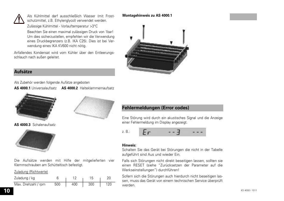 Fehlermeldungen (error codes), Aufsätze | IKA KS 4000 ic control User Manual | Page 10 / 84