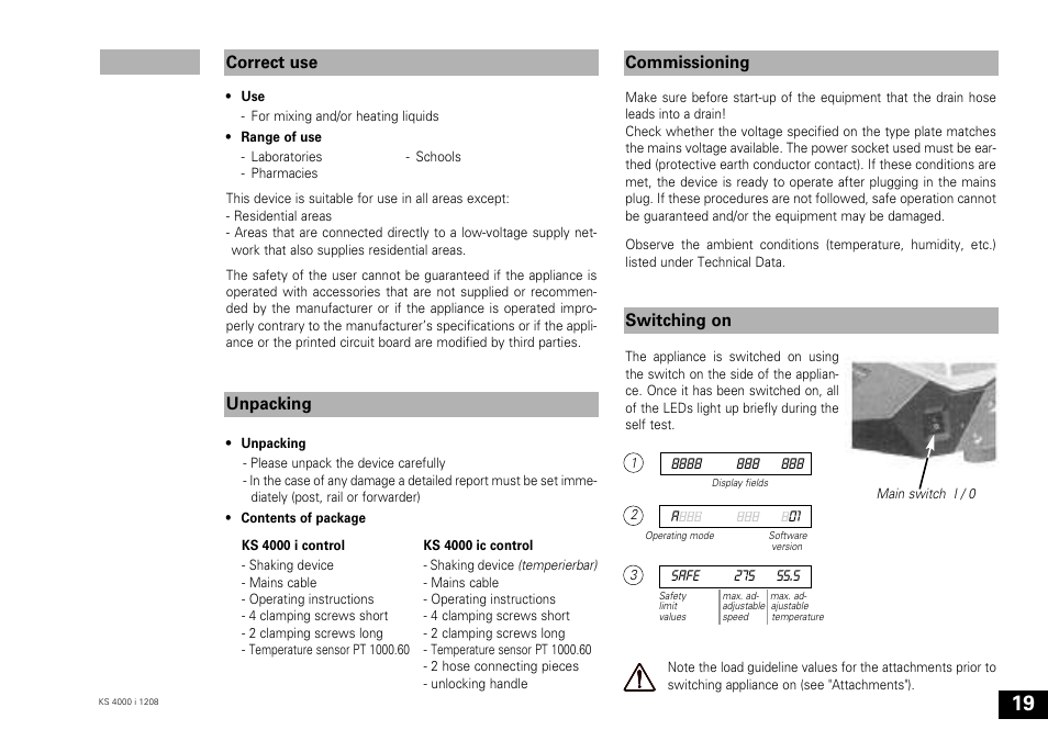 Correct use unpacking commissioning switching on | IKA KS 4000 ic control User Manual | Page 19 / 84