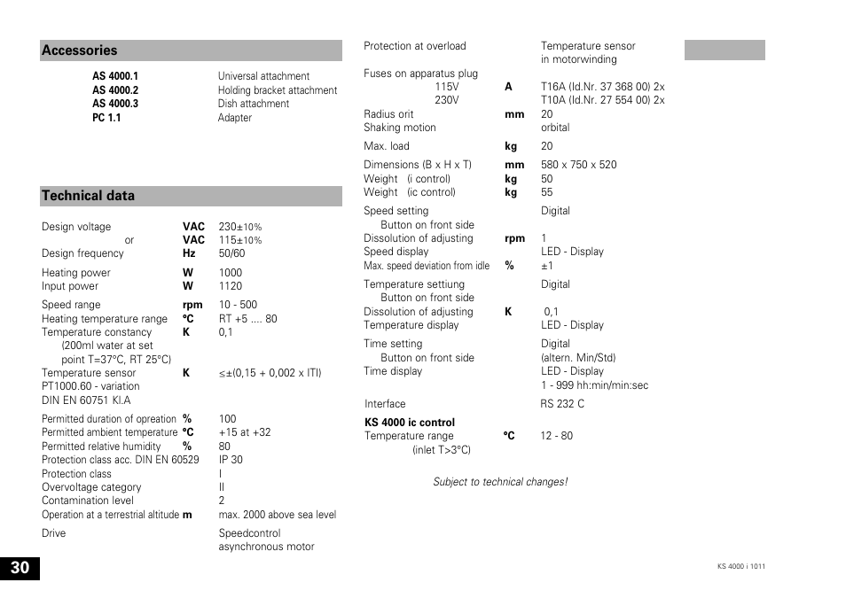 Accessories, Technical data | IKA KS 4000 ic control User Manual | Page 30 / 84