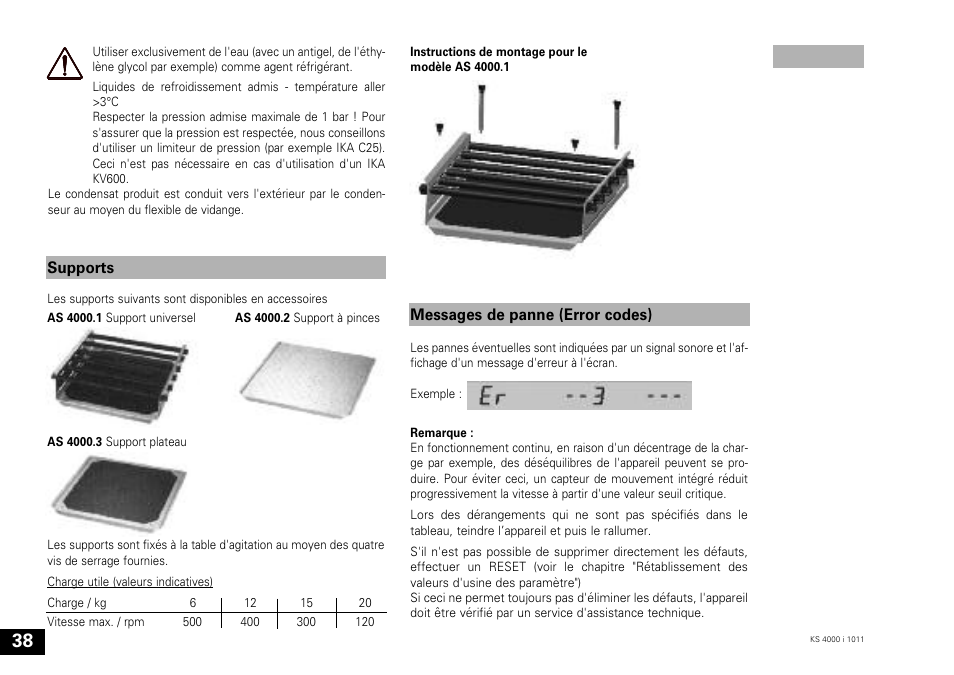 Messages de panne (error codes), Supports | IKA KS 4000 ic control User Manual | Page 38 / 84