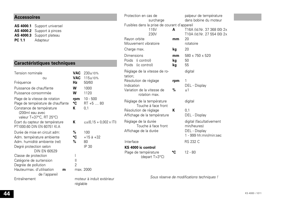 Accessoires, Caractéristiques techniques | IKA KS 4000 ic control User Manual | Page 44 / 84