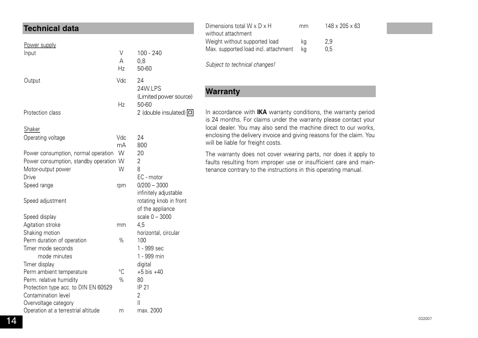 Technical data warranty | IKA MS 3 digital User Manual | Page 14 / 40