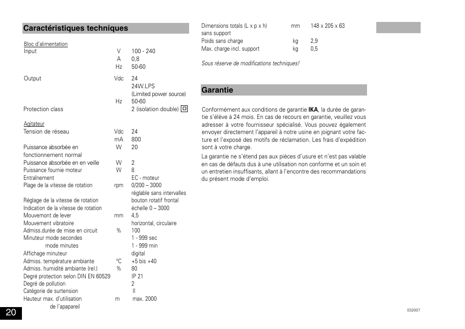 Garantie, Caractéristiques techniques | IKA MS 3 digital User Manual | Page 20 / 40