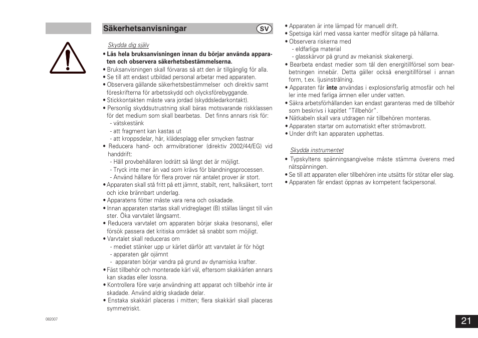 Säkerhetsanvisningar | IKA VORTEX 3 User Manual | Page 21 / 36