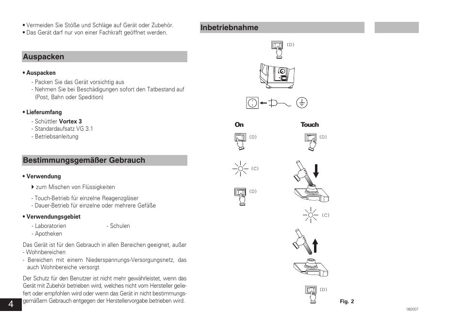 Auspacken bestimmungsgemäßer gebrauch, Inbetriebnahme | IKA VORTEX 3 User Manual | Page 4 / 36
