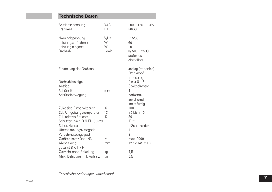 Technische daten | IKA VORTEX 3 User Manual | Page 7 / 36