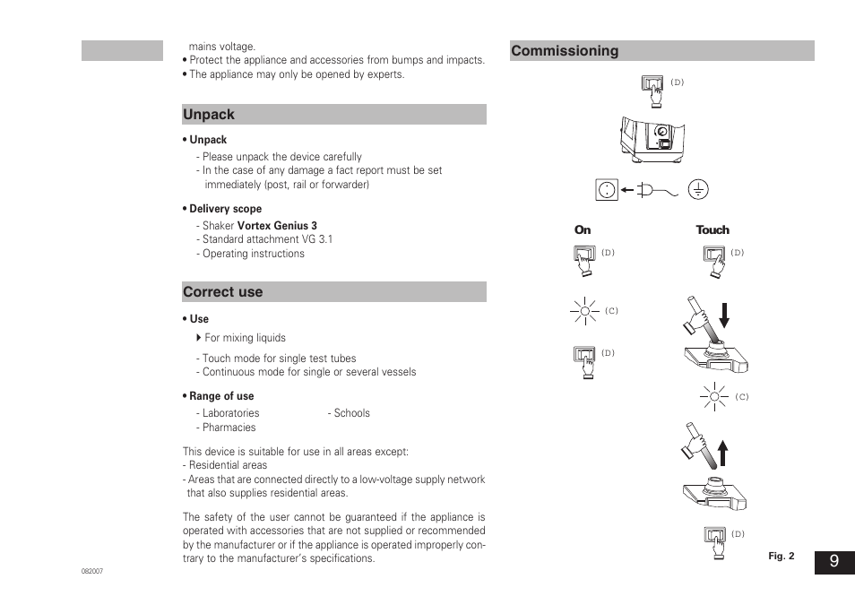Unpack correct use, Commissioning | IKA VORTEX 3 User Manual | Page 9 / 36