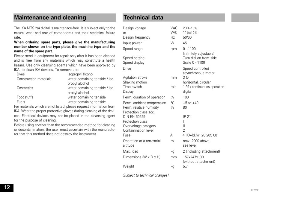 Technical data, Maintenance and cleaning | IKA MTS 2/4 digital User Manual | Page 12 / 20