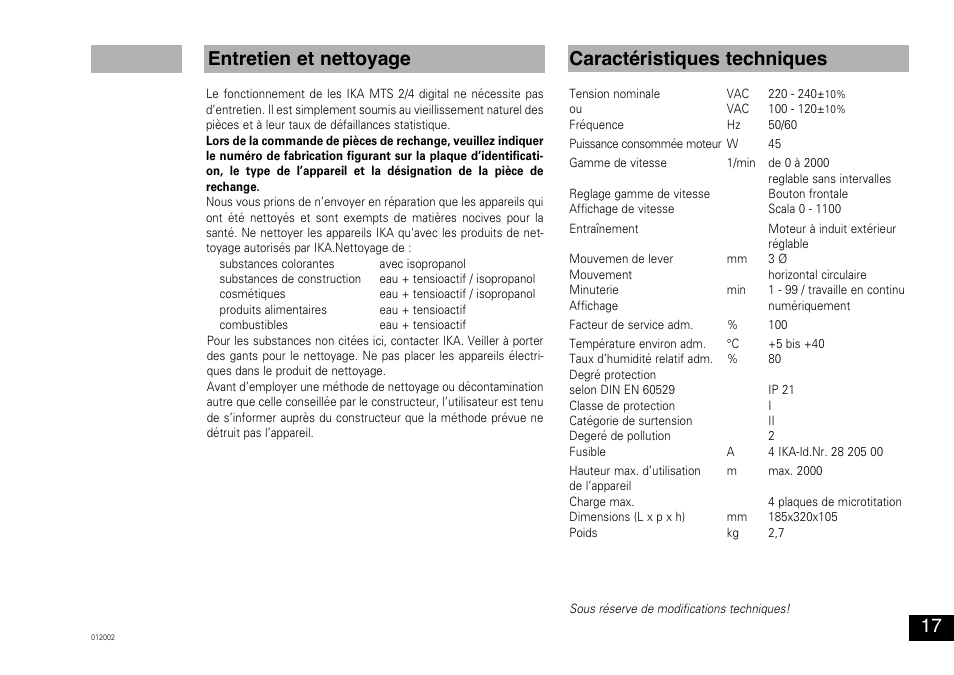 Entretien et nettoyage caractéristiques techniques | IKA MTS 2/4 digital User Manual | Page 17 / 20