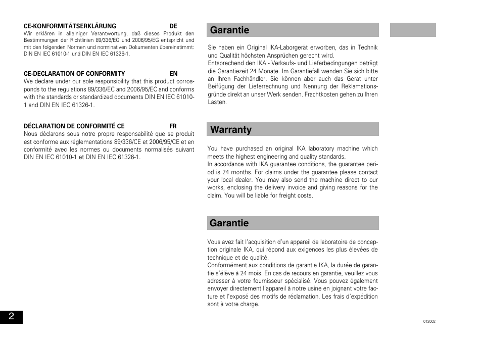 Warranty garantie garantie | IKA MTS 2/4 digital User Manual | Page 2 / 20