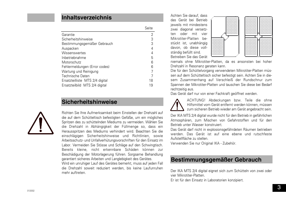 Sicherheitshinweise ­­3, Inhaltsverzeichnis bestimmungsgemäßer gebrauch | IKA MTS 2/4 digital User Manual | Page 3 / 20