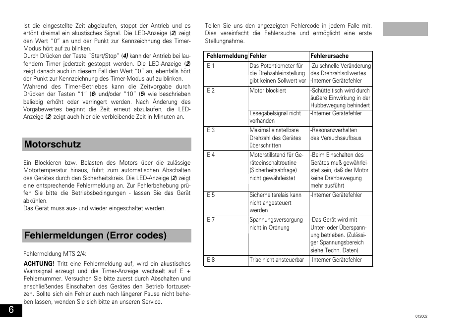 Motorschutz fehlermeldungen (error codes) | IKA MTS 2/4 digital User Manual | Page 6 / 20