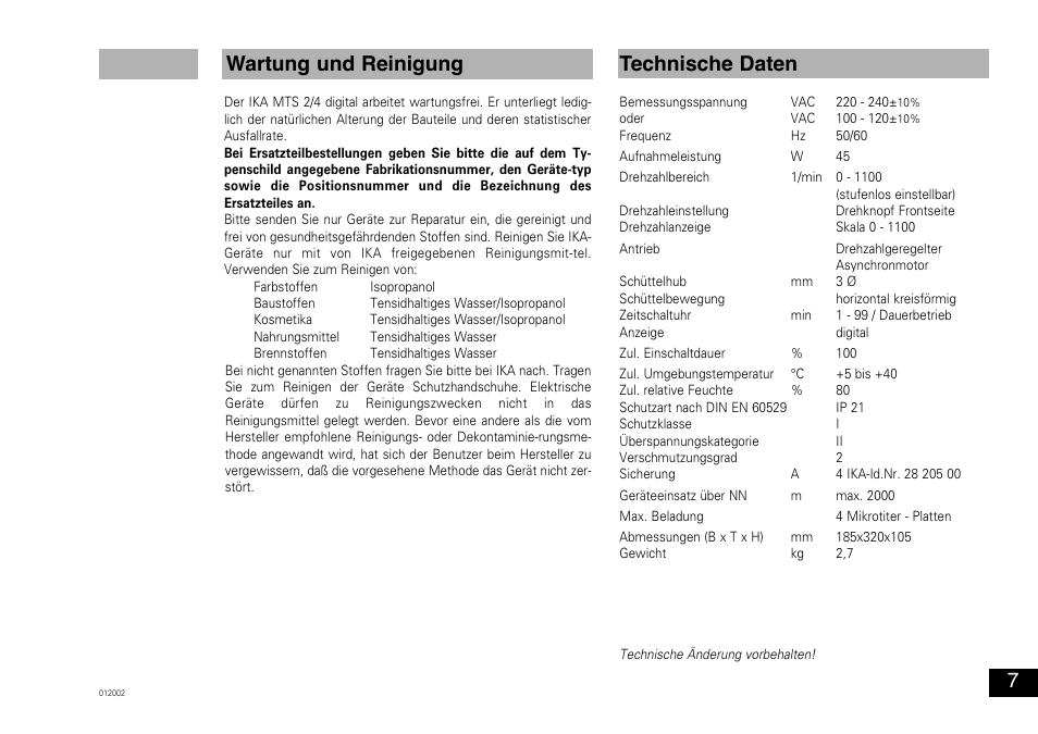 Wartung und reinigung technische daten | IKA MTS 2/4 digital User Manual | Page 7 / 20
