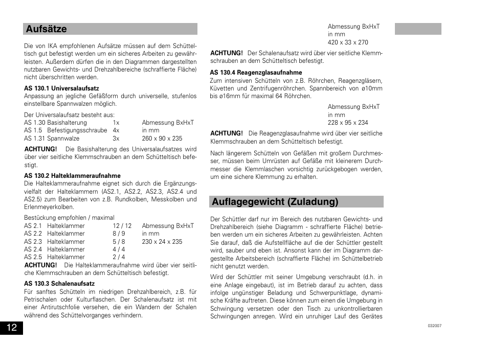 Aufsätze auflagegewicht (zuladung) | IKA KS 130 control User Manual | Page 12 / 56