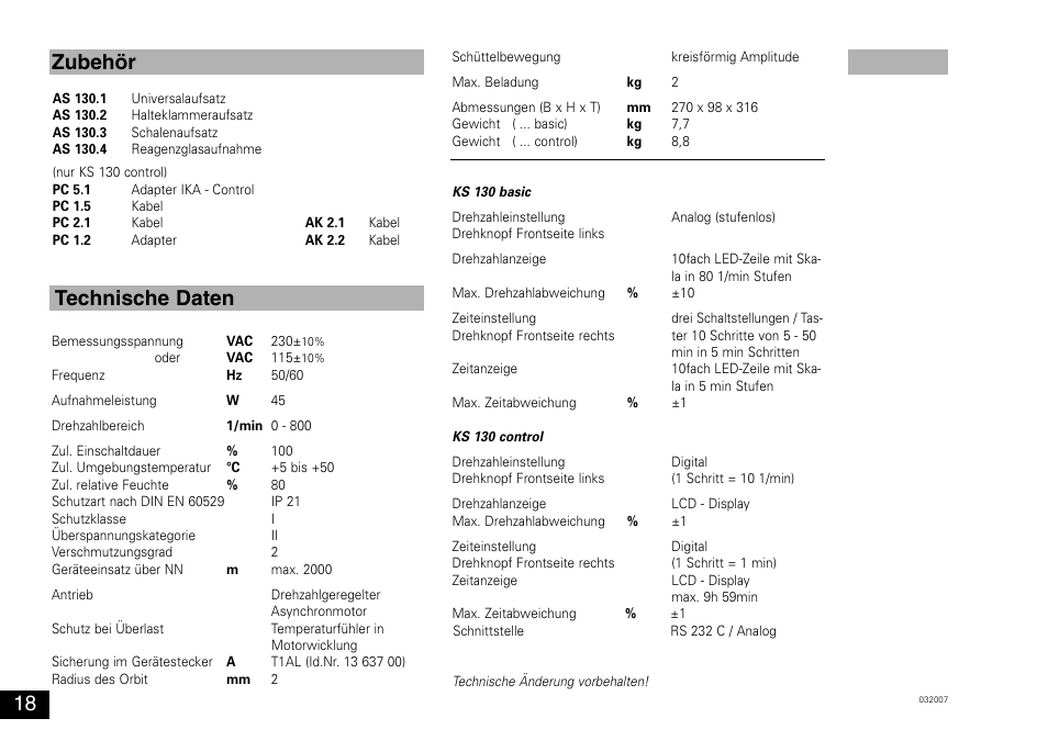 Zubehör technische daten | IKA KS 130 control User Manual | Page 18 / 56