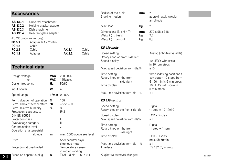 Accessories technical data | IKA KS 130 control User Manual | Page 34 / 56