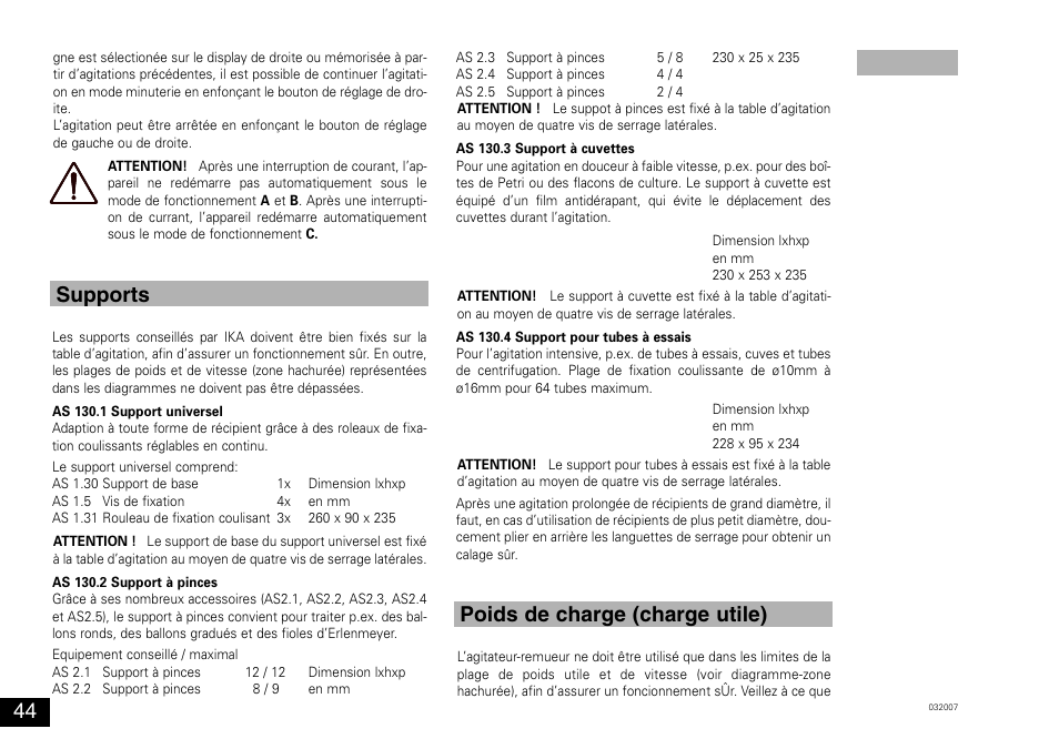 Supports poids de charge (charge utile) | IKA KS 130 control User Manual | Page 44 / 56