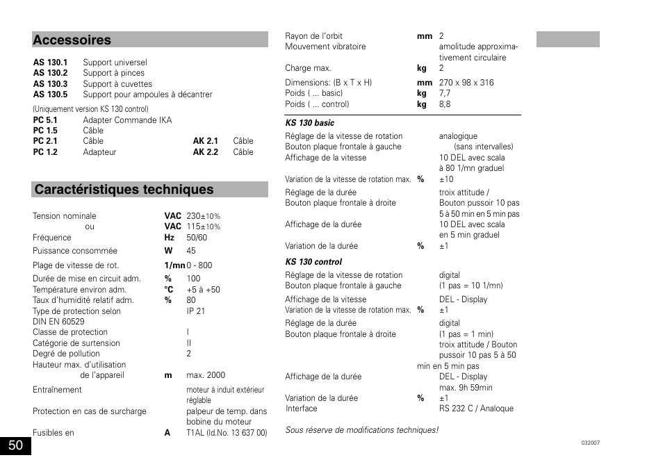 Accessoires caractéristiques techniques | IKA KS 130 control User Manual | Page 50 / 56