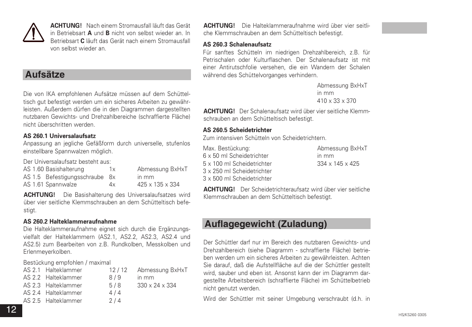 Aufsätze auflagegewicht (zuladung) | IKA KS 260 control User Manual | Page 12 / 56